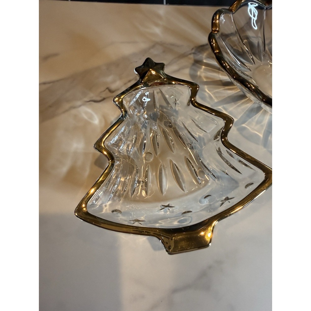 Vintage Gold Trim Glass Christmas Dishes Heart Dove Tree Set of 3 Holida - Picture 5 of 10